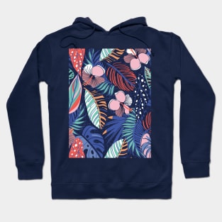 Moody tropical night // pattern // oxford blue background spearmint papaya orange denim and electric blue leaves coral cotton candy pink and dry rose hibiscus flowers Hoodie